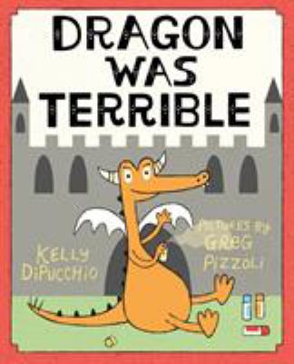 An orange dragon is sitting on the grass in front of a gray castle. 