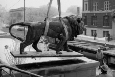 WLSDC; Oshkosh's Pride: Sawyer and Harris showing the lion statue being installed