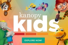 Kanopy Kids resource graphic with various cartoon characters and text that reads "explore now"