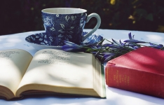 Poetry & Short Story Reference Center resource image showing a cup of tea, an open book, and a closed book on a table