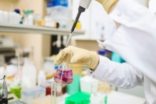 Science Reference Center showing someone in a lab coat holding a beaker filled with purple liquid