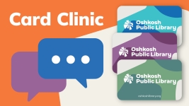 Card Clinic graphic featuring the listening icon and a stack of OPL library cards.