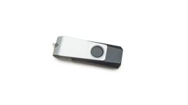 A small USB flash drive in black and silver. 