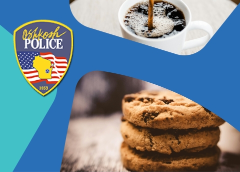 A stack of cookies and a cup of coffee can be seen next the OPD Badge.