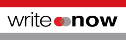 Red, black and grey image that says Write Now